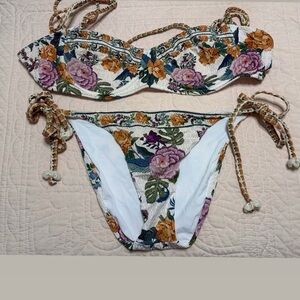 FARM Rio Floral Tie-Side Bikini in White, Purple & Mustard